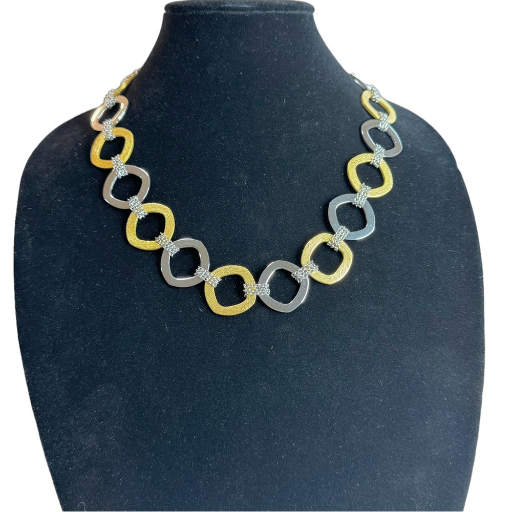 Steel By Design Stainless Steel Two Tone Gold and Silver Tone Square Necklace